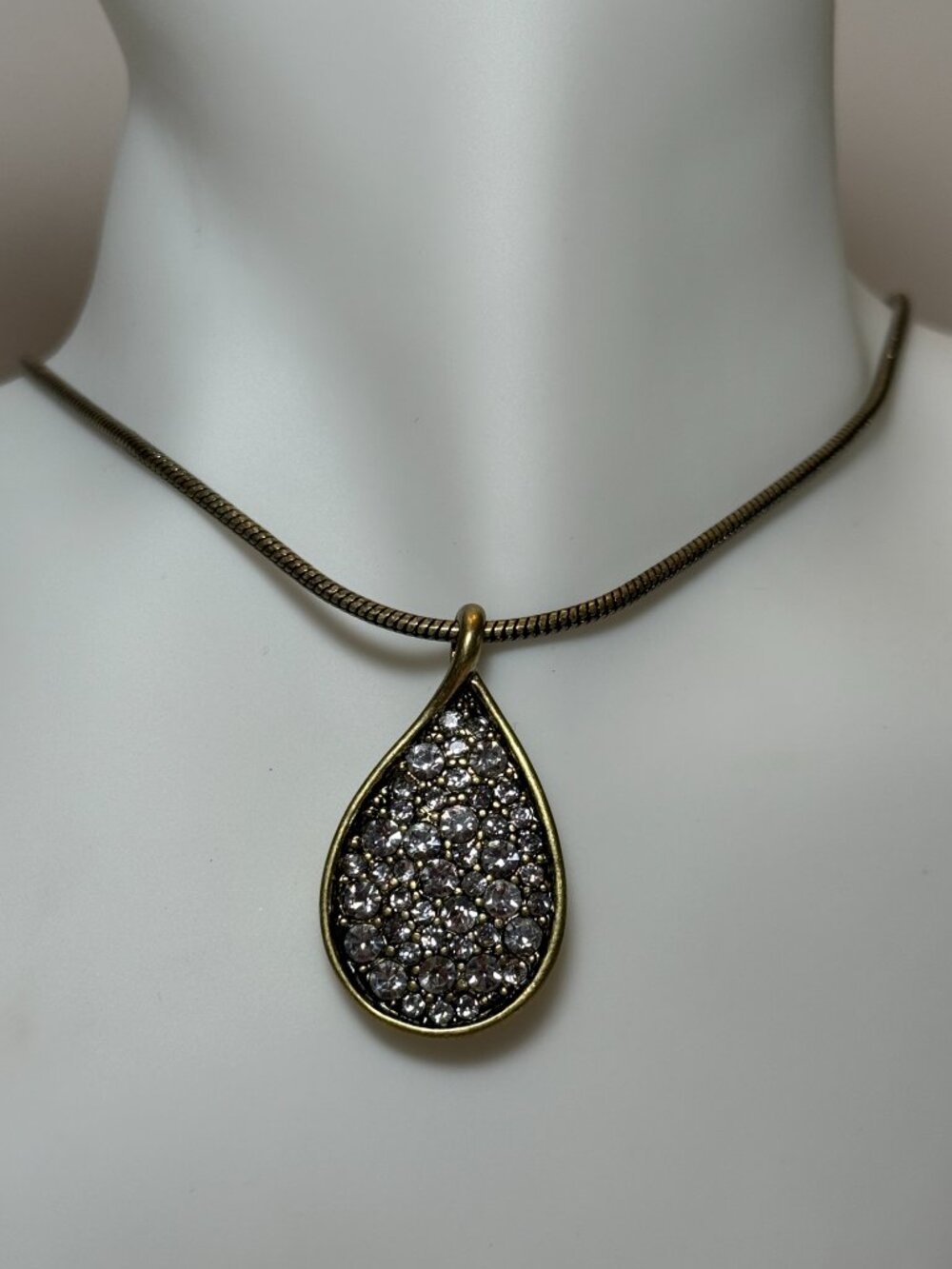 Teardrop Antiqued Gold Toned Necklace Faux Diamond CZ Clear Gems